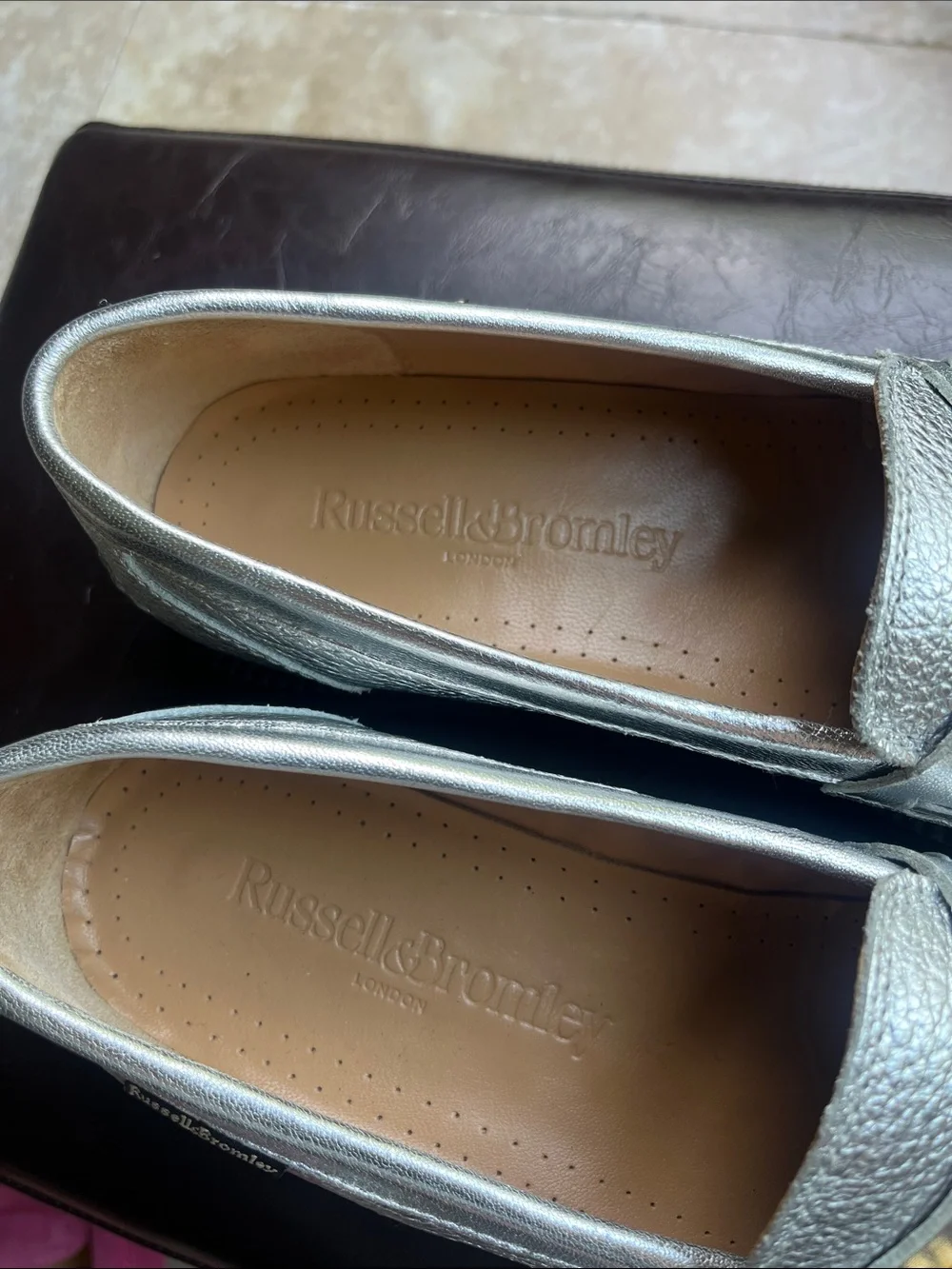 Russell & Bromley Silver Metallic Leather Loafers with Gold Bit New without Box